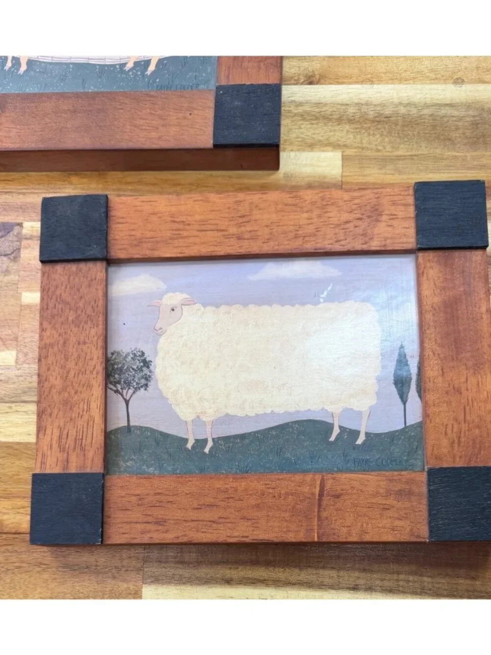 Vintage Primitive Folk Art Framed Prints Set - Pig & Sheep Pasture